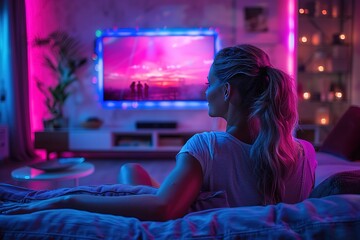 A woman is sitting on a couch in front of a television