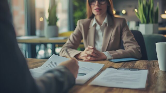 - A human resources specialist conducting an interview in a professional office setting