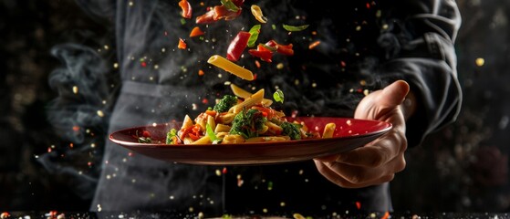 Dynamic Shot of Pasta Tossed in Air with Fresh Ingredients