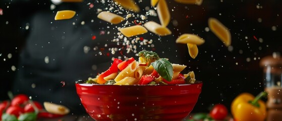 Dynamic Shot of Pasta Tossed in Air with Fresh Ingredients