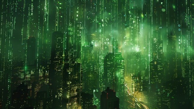 Matrix-inspired digital cityscape with cascading green code and floating holographic symbols 