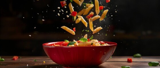 Dynamic Shot of Pasta Tossed in Air with Fresh Ingredients