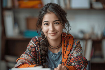 Smiling Young Indian Woman Taking Notes at Home Desk with Laptop for Distance Learning and Online Business Meeting