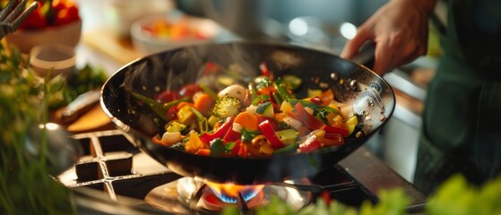 Chef Stir-Frying Vegetables in Flaming Pan