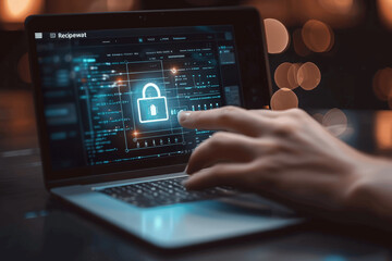 Hand typing on laptop keyboard to enter login and password for security protection against cyber threats and hacker attacks