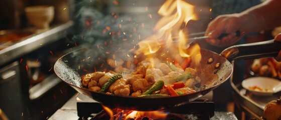 Chef Stir-Frying Vegetables in Flaming Pan