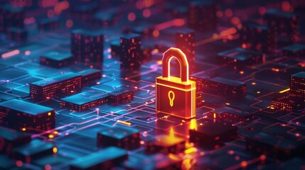 Abstract Futuristic Wallpaper: AI-Generated 4K Design Showcasing 3D Security Lock Concept for Cybersecurity, Data Protection, and Anti-Hacking Technology Development.