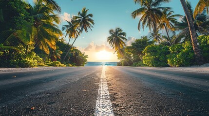 Obraz premium Palm trees lining road to tropical beach at sunset.