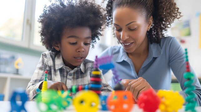- An occupational therapist working with a child on fine motor skills using interactive tools