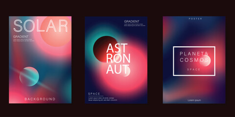 Planet and galaxy Space card vector set. Solar system with galaxy planets, asteroids, jupiter, saturn, mars, moon, ring line solar. Cosmic design for flyer, brochure, background, poster, cover.