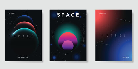 Planet and galaxy Space card vector set. Solar system with galaxy planets, asteroids, jupiter, saturn, mars, moon, ring line solar. Cosmic design for flyer, brochure, background, poster, cover.