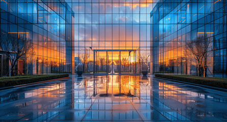 Sunset on Glass Facade of Modern Office Building with Cityscape at Dusk in Beijing Industrial Park