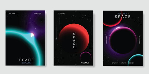 Planet and galaxy Space card vector set. Solar system with galaxy planets, asteroids, jupiter, saturn, mars, moon, ring line solar. Cosmic design for flyer, brochure, background, poster, cover. © babeer