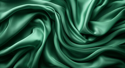 Obraz premium Dark Green Silk Satin Fabric Smooth Folds Luxury Background Space for Design Banner Elegant Teal Green Soft Shiny Material Fashion Textile Abstract Pattern