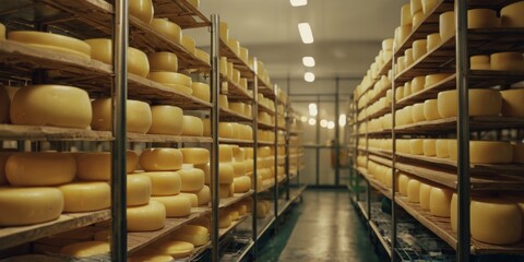 Cheese Aging Room: Rows of Ripening Wheels in Dairy Storage