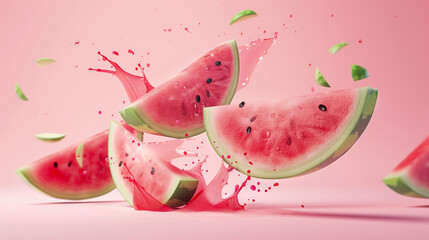 Levitating watermelon cutted pieces separated against magenta background in professional studio photography with hyperrealism minimalism and high detailed 