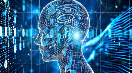 Artificial intelligence has a robot head in the middle, digital dots and waves in the background