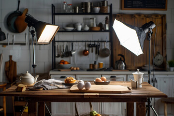 Professional camera on tripod and food composition in photo studio