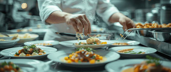 Chef Plating Dishes in Restaurant Kitchen with Cinematic Lighting