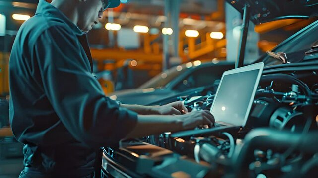 A Car Mechanic is Analyzing and Checking the Condition of the Car with Computer