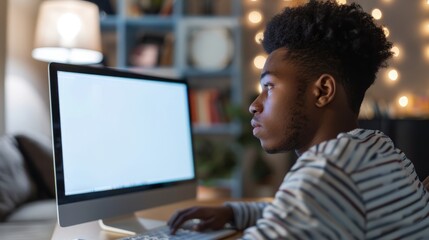 Over shoulder shot of a young man using computer laptop in front of an blank white computer screen in home