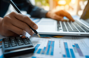 Person Using a Calculator for Financial Calculations, Essential for Business Planning and Accounting. Represents Accurate and Strategic Economic Management.