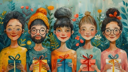 An illustration of friends from different cultures exchanging gifts on Friendship Day, emphasizing international bonds