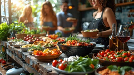 Obraz premium A cheerful Friendship Day scene with friends of various backgrounds sharing a meal together, highlighting human connection