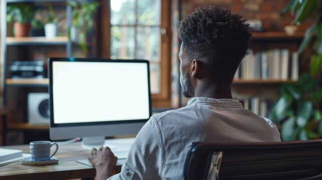 Over shoulder shot of a young man using computer laptop in front of an blank white computer screen in home