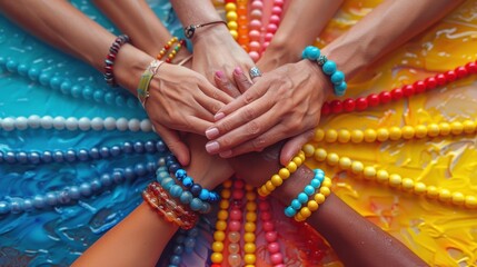 A colorful Friendship Day poster featuring friends exchanging friendship bracelets, showcasing the joy of human connection
