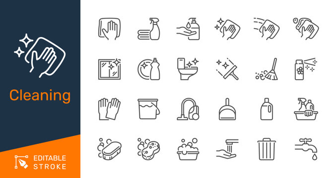 Cleaning thin line icons. Editable stroke. Pixel perfect.
