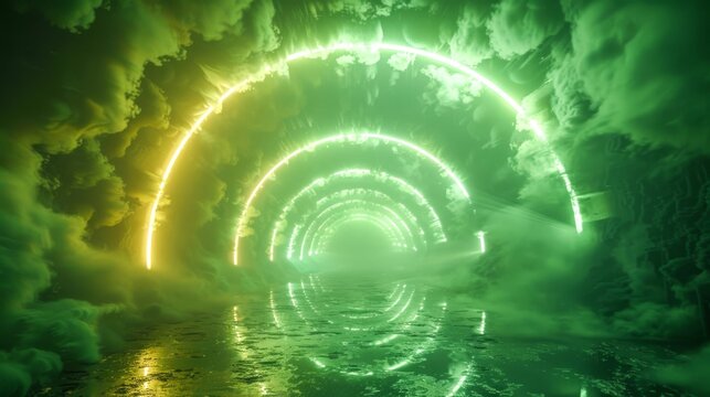 Pulsating neon tunnel with alternating yellow and green lights, surrounded by dense fog and ethereal clouds.