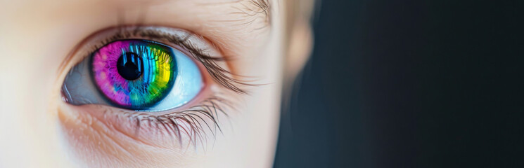 Close up of rainbow Child eyes with copy space, gay LGBTQ pride concept title, rainbow future, bright future, desire for the future and web banner