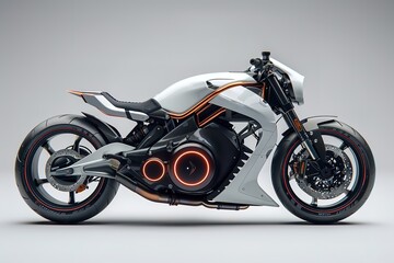 A futuristic motorcycle with neon lights on the front and back