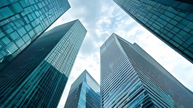 A low-angle shot of modern skyscrapers against a bright blue sky.