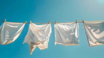 White Clothes Drying on a Clothesline Against a Blue Sky.