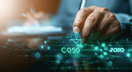 Naklejka premium Business shows upward arrow for reducing CO2 emissions, carbon footprint, and promoting carbon credits to limit global warming and climate change under the Bio Circular Green Economy concept