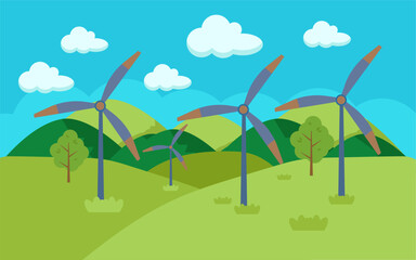 Fototapeta premium Ecology green energy wind turbines in background with Mountain. vector illustration