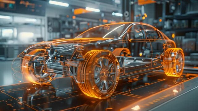 An orange, glowing digital wireframe model of a car sits on a dark platform within a modern automotive factory setting.