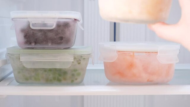 Young woman putting glass boxes with frozen vegetables in refrigerator, food storage concept.