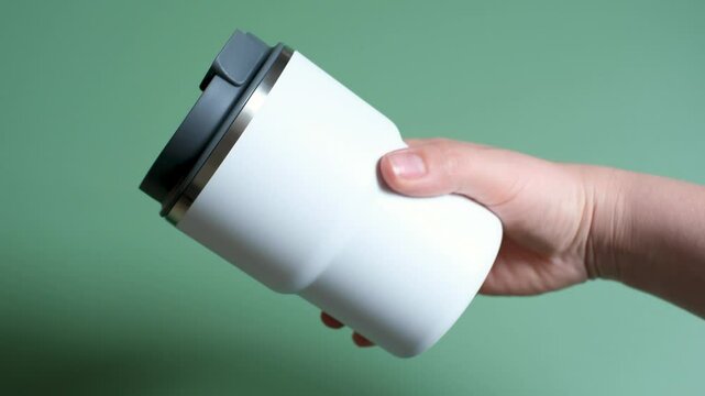 Female hand holding thermo mug on green background close-up.