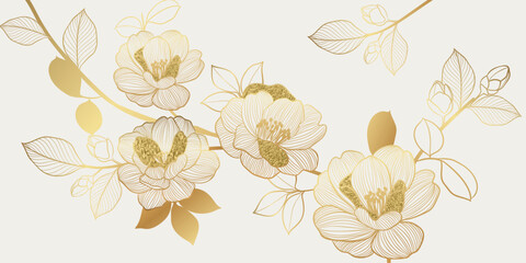 Luxury golden peony flower line art on white background vector. Natural botanical elegant flower with gold foil texture. Design illustration for decoration, wall decor, wallpaper, cover, banner. © babeer