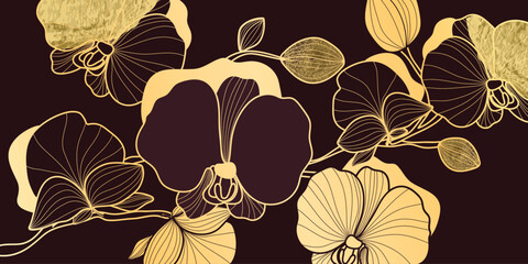 Luxury golden orchid flower line art on brown background vector. Natural botanical elegant flower with gold foil texture. Design illustration for decoration, wall decor, wallpaper, cover, banner. © babeer