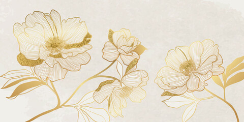 Luxury golden peony flower line art on white background vector. Natural botanical elegant flower with gold foil texture. Design illustration for decoration, wall decor, wallpaper, cover, banner. © babeer