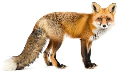 Fototapeta premium Majestic Red Fox Vulpes vulpes Posing with Bushy Tail Isolated Against a Clean White Background The Captivating Canine Predator Showcases Its Vibrant Fur Alert Gaze and Graceful Stance