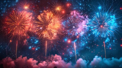 Fototapeta premium Spectacular fireworks display lighting up the night sky with vibrant colors, celebrating a festive occasion with bright, exploding patterns.