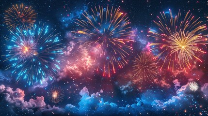 Fototapeta premium Dazzling fireworks lighting up the night sky with vibrant colors and sparkling effects, creating a stunning celebratory display.
