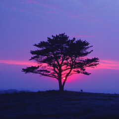 Twilight Scene with Cedar Tree on a Violet Background: A Tranquil Visual