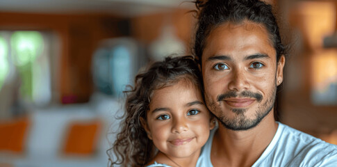 Fototapeta premium Happy Hispanic Father and Daughter Portrait with Orange Background and Copy Space