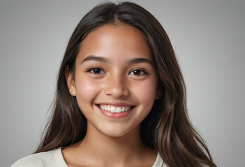 Fototapeta premium Portrait view of a regular happy smiling Ecuador girl, ultra realistic, candid, social media, avatar image, plain solid background